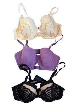 3 Thirdlove Bras Size 38C Black Deco Lace Demi, Yellow Petal Lace, Purple Tshirt